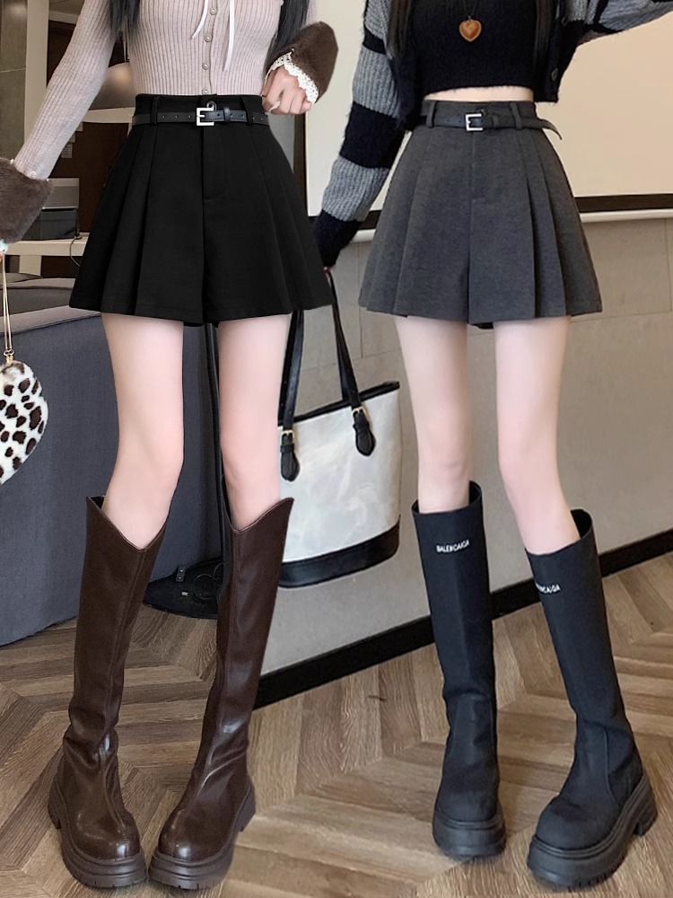 2024 New Autumn and Winter High Waist Fashion Thickened Pleated Outer Wear A- Shaped Wide Leg Casual Boots Woolen Shorts Women's Pants