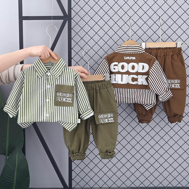 Boys' Autumn Vertical Color-matching Long-sleeved Shirt suit 2024 New Children's Western Style Baby Two-piece Fashionable Set