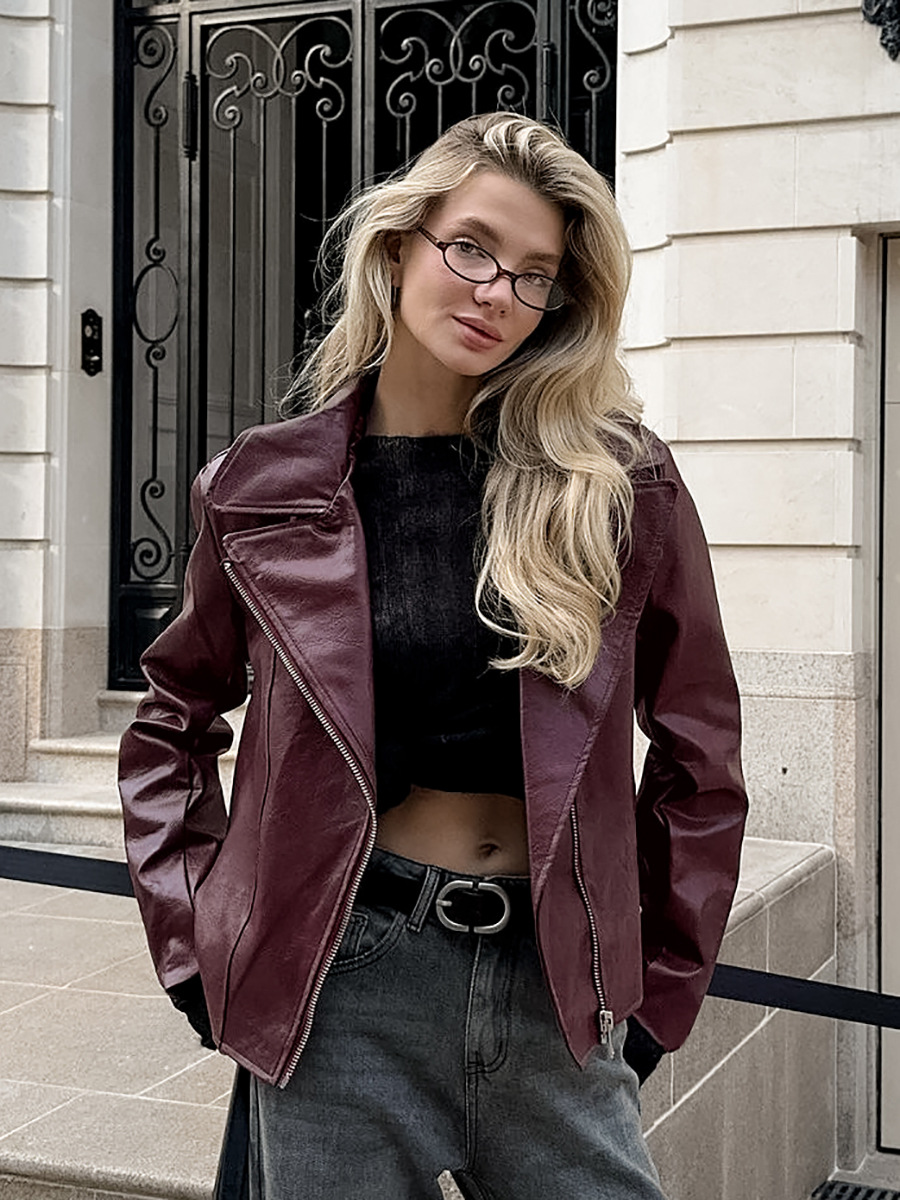 Autumn and Winter Fashion Commuter Elegant wine red Artificial Leather Dress Collar Long Sleeve Loose Retro Leather Jacket Coat Women