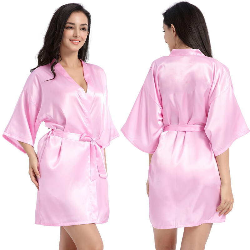 Picture of Amazon Cross-border Women's Twisted Sade Nightgown Bathrobe Solid Color Glow Summer Thin Sexy Short Cardigan Gown