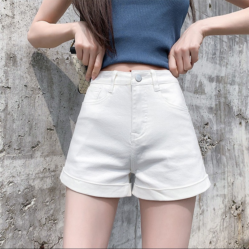 White Denim Shorts Female Student 2021 Summer New High Waist Loose Slimming Outer Wear A- Line Curled Wide Leg Hot Pants