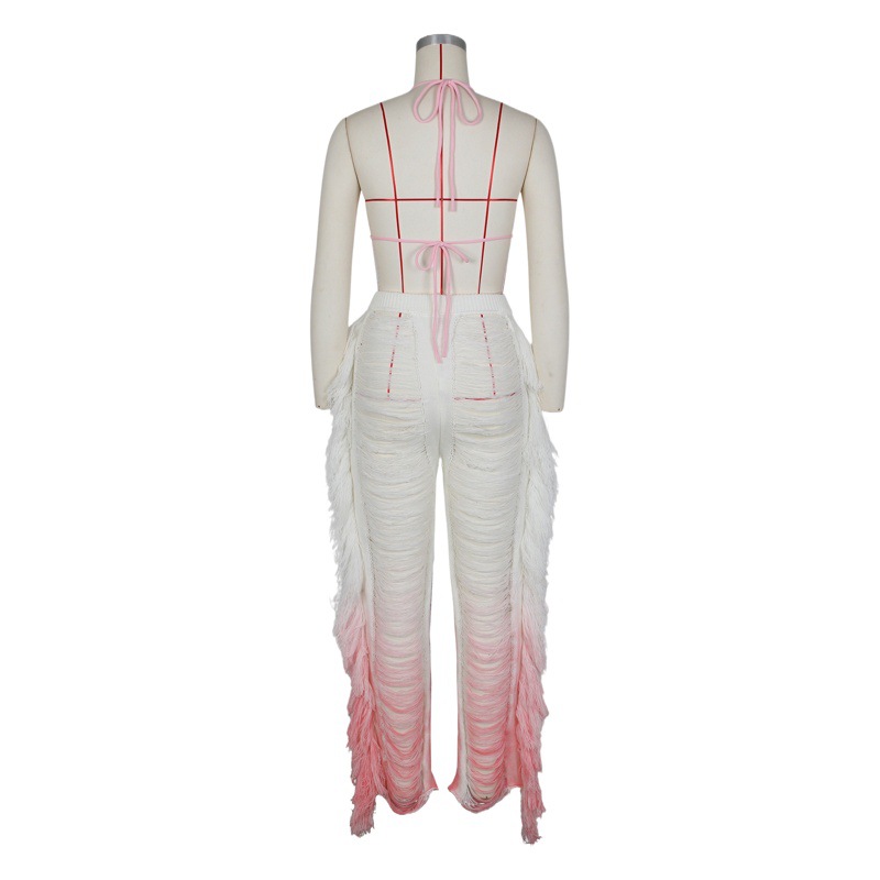 Source Factory 2023 Summer New European and American Women's Sexy Gradient Beach Tassel Knitted Pants Casual suit