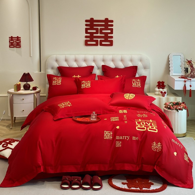 Picture of Chinese-style High-grade Wedding Four-piece Set Big Red Embroidered Wedding Dowry Quilt Cover Bed Sheet Newlywed Wedding Room Bedding