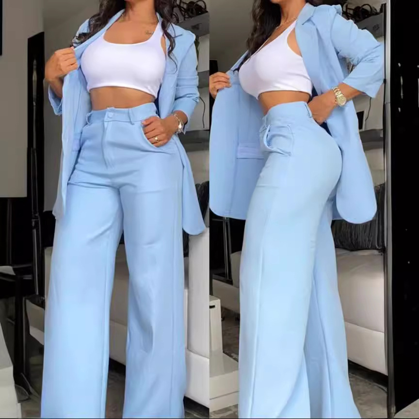 Cross-Border 2024 European and American Export Summer Women's Clothing Elegant Pure Color Slit Sleeves Lapel Suit Straight Pants Suit for Women