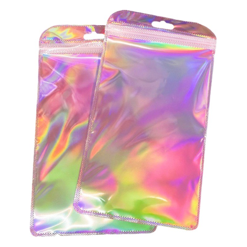 Chengxing factory a large number of in stock self-sealing bags translucent colorful laser flash packaging bags ring buckle gift bags