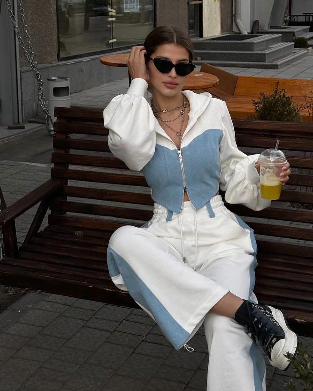 Picture of 2025 Cross-Border European and American Style Fashion Casual Sweatshirt Suit Denim Splicing Hooded Top and Pants Two-Piece Set for Women