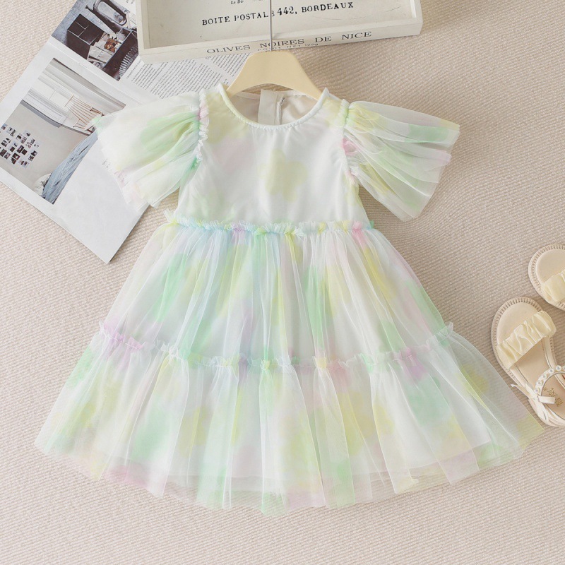 77157 Girl's Summer Dress Fairy Dress Full Print Fashion Baby Girl Stylish Romantic Puffy Mesh Princess Dress