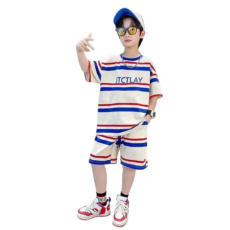 Picture of Children's Boys Summer Suit Korean Style Stripesd 2025 New Internet Celebrity Thin Short-Sleeved Clothes Cool Trendy Kidsren's Two-Piece Set