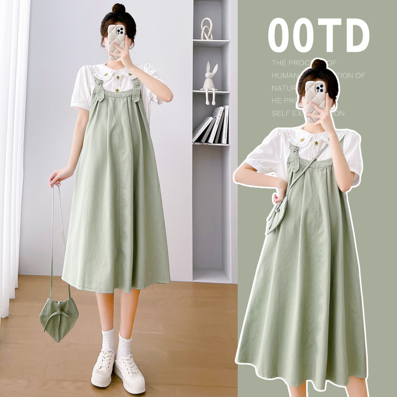 2023 Large Size Pregnant Women's Two-Piece Korean Style Pregnant Women's Suit Internet Popular Pregnant Women's Cotton Cloth Slip Skirt Pregnant Women's Shirt