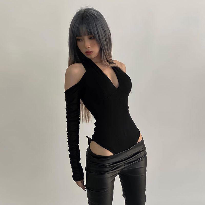 Nightclub Cross-border Off-shoulder Sexy Slim-fit Jumpsuit Women's Hot Girls Slim-fit Low-cut V-neck Base Shirt Long-sleeve T-shirt Women's Trendy