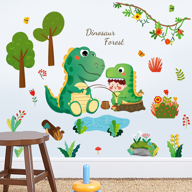 Cartoon Dinosaur Forest Children's Room Entrance Study Bedroom Bedside Door Cabinet Background Decorative Wall Sticker HT72001