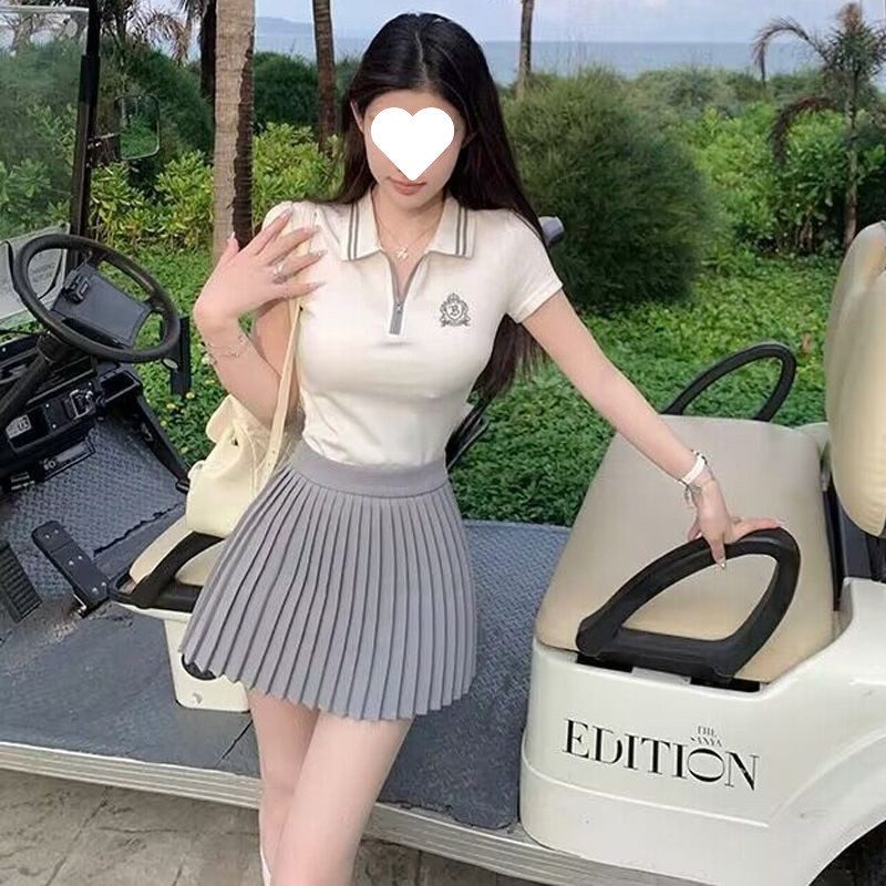 2025 Korean Fashion Summer Suit Women's New Contrasting Color Polo Collar Short-Sleeved High-Waist Pleated Skirt Two
