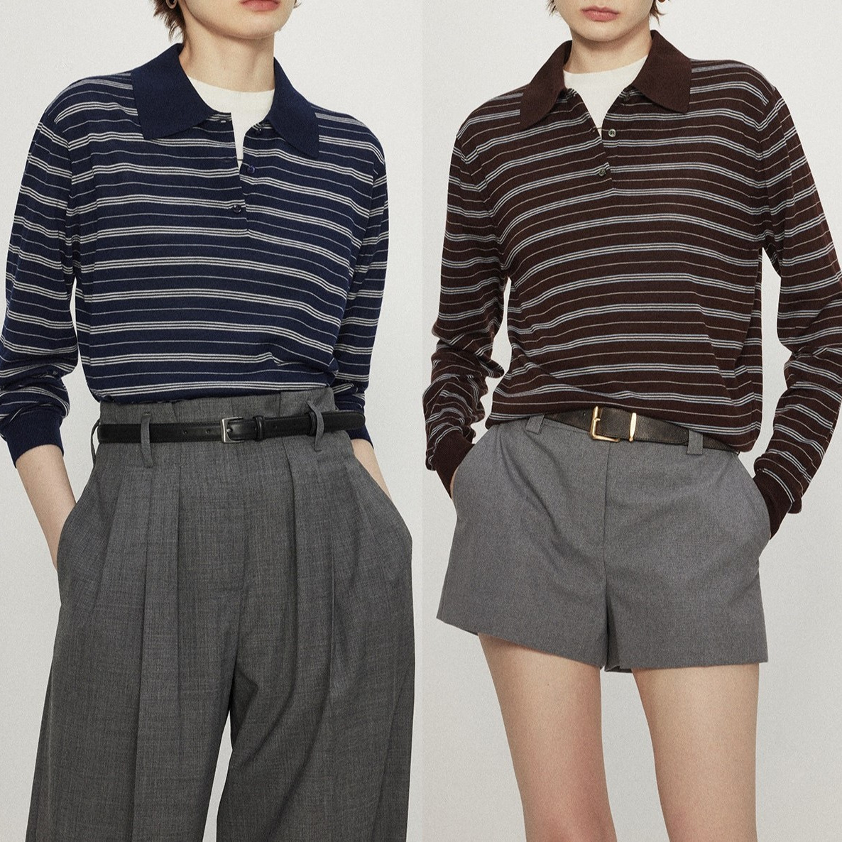 Open/Fashionable M1U BIELLA120s TEC Washable Wool Contrast Striped Knit Long Sleeve Polo Shirt