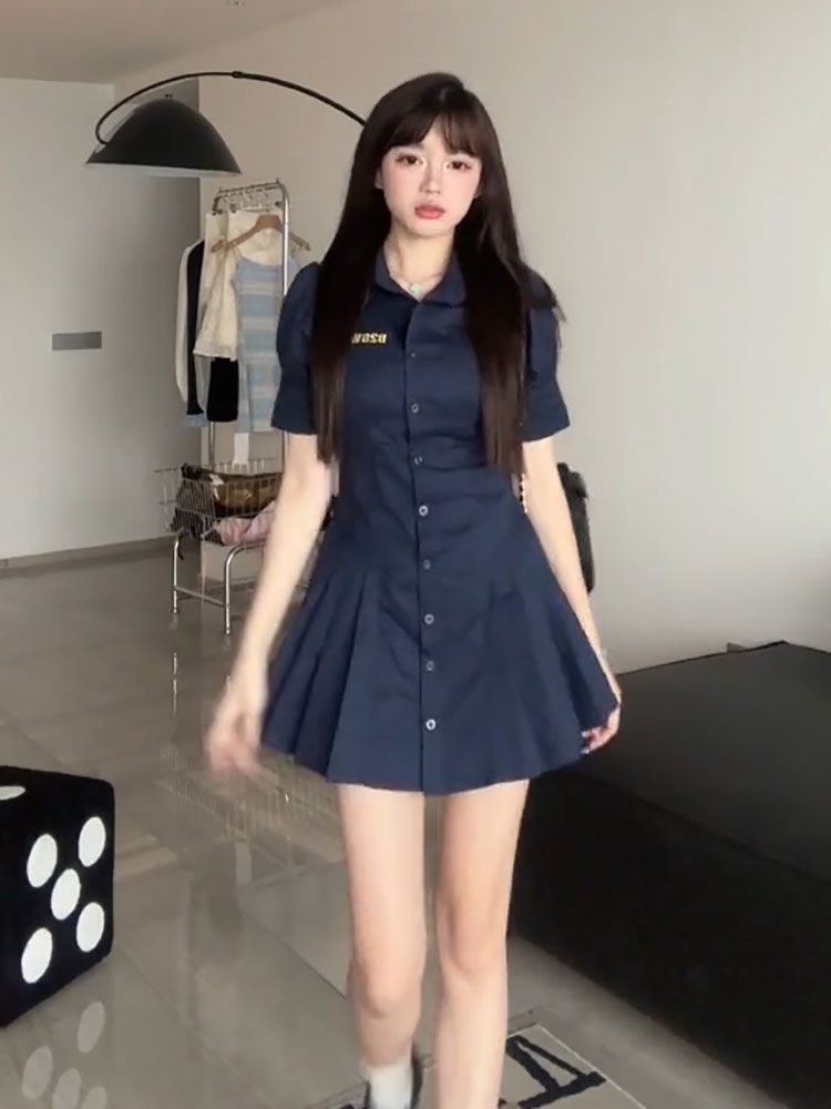 navy blue Shirt dress Women's 2023 Summer New Design Sense Niche Slim-fit Slimming Elegant Pleated Skirt