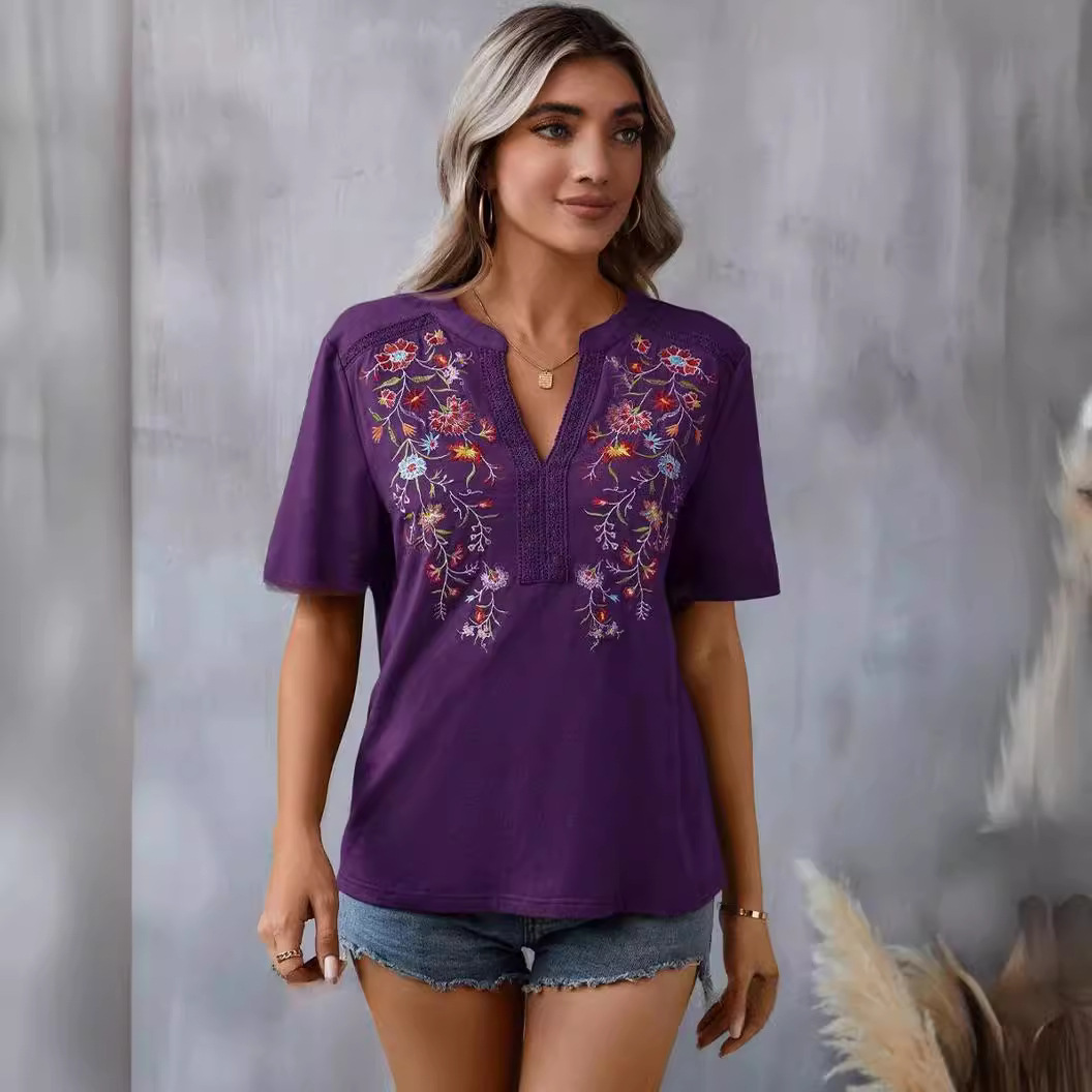 Picture of 2025 Europe and America Amazon Cross-border Summer New Fashion Ten Thousand Needles Embroidery Stitching Lace Top Women's T