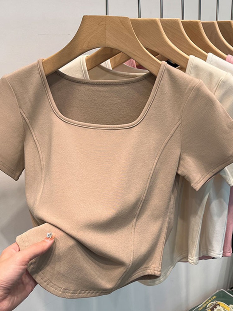 Picture of Square Collar Shoulder White Short-sleeved T-shirt Women's Summer Curved Hem Large Neck Slim-fit Slimming Short Fishbone Top