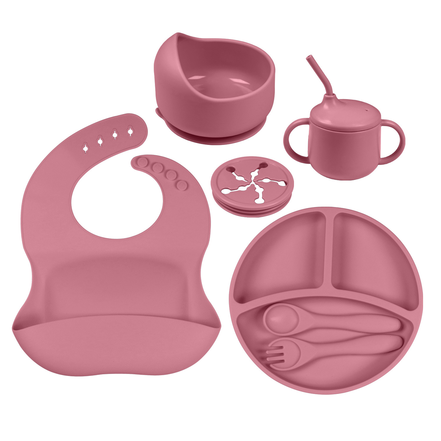 Picture of Cross-border Hot Selling Children's Supplementary Silicone Dinner Plate Bowl Fork Spoon Bib Five Pieces Tableware suit Drop Resistant Dinner Plate suit