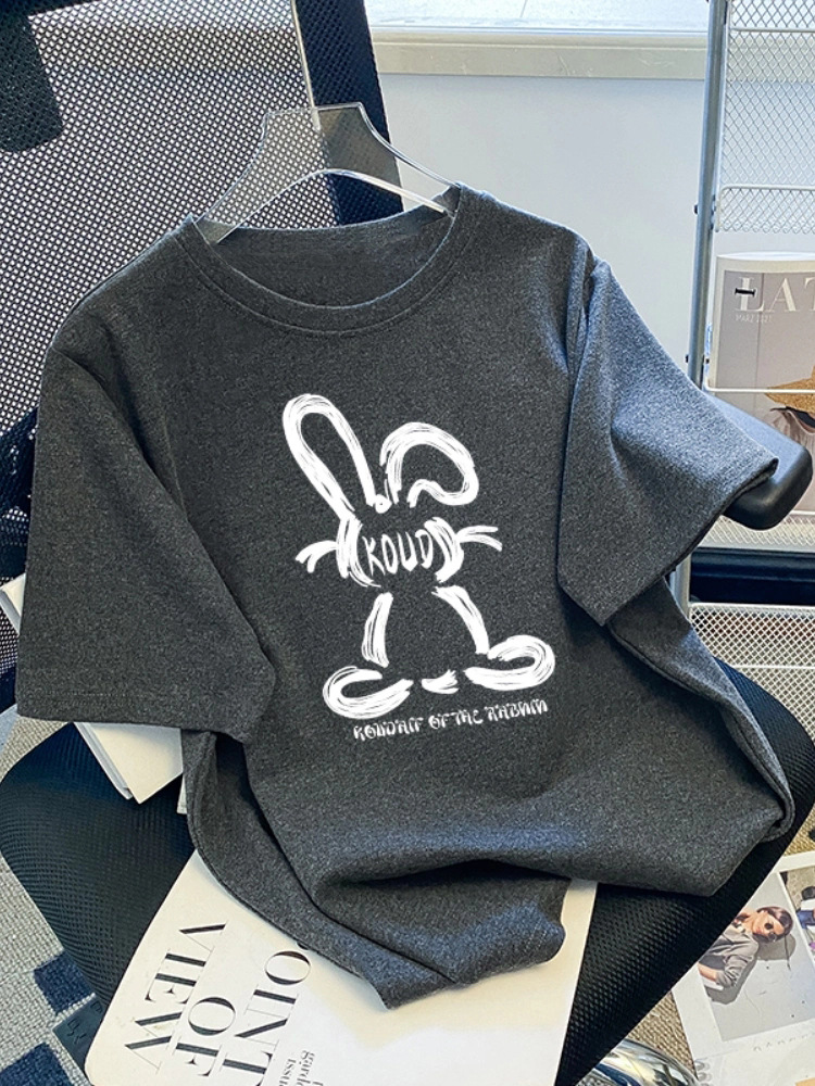 2023 Summer New European All-match Short-sleeved T-shirt Women's Large Loose Student Printed Rabbit Half-sleeved Top Trendy