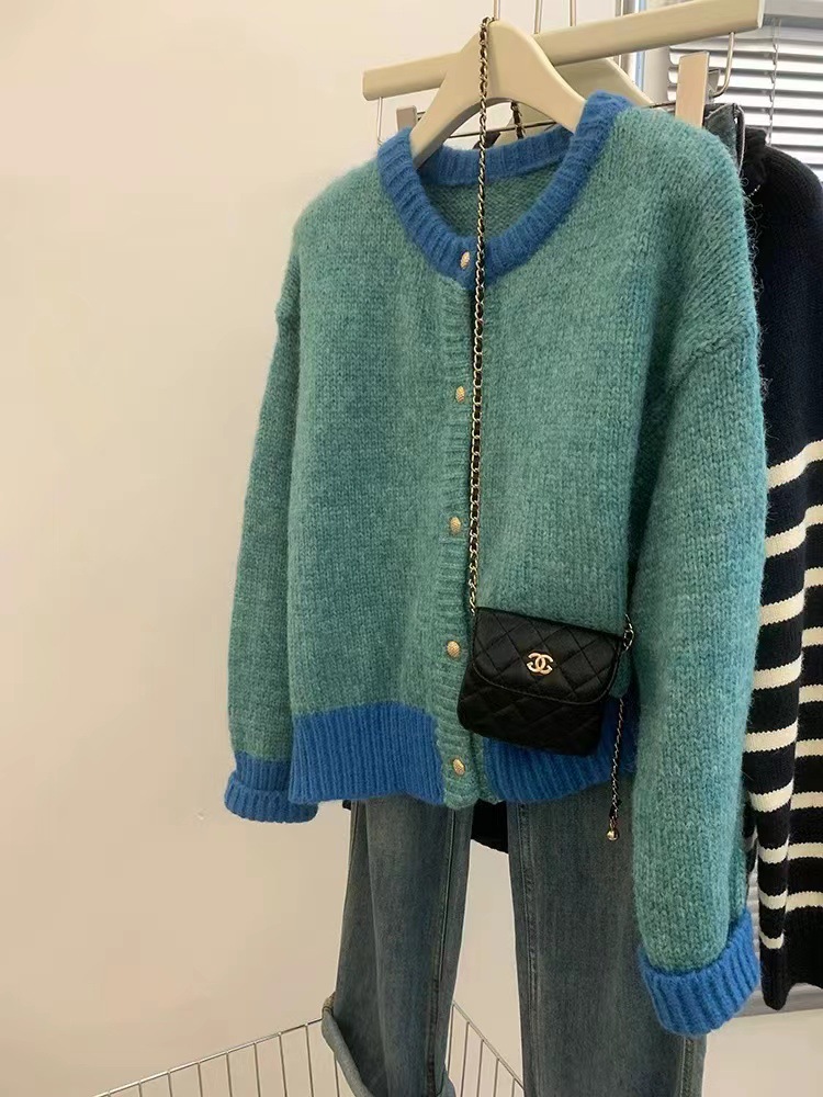 Blue Elegant Knitted Cardigan Sweater Jacket Women's Long-Sleeved Outer Top Design Niche Lazy High-End Sense