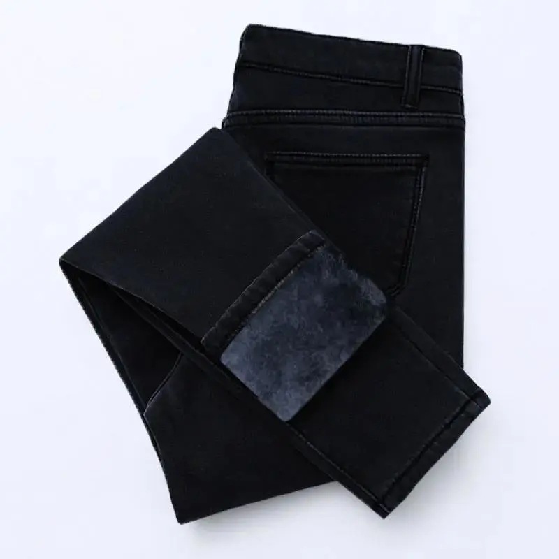 Fleece-lined Thickened Black Small Feet High Elastic Large Size Pencil Jeans Women's Autumn and Winter High Waist Loose Slimming Trousers