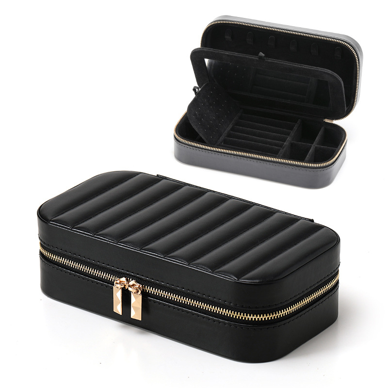 Picture of Striped Metal Zipper Jewelry Box with Mirror Jewelry Ring Necklace Storage Box Multifunctional Portable Jewelry Box