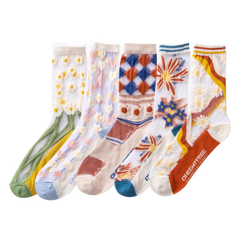 Socks Women's Mid-tube Socks Summer Women's High-tube Lace Mesh Breathable Thin Glass Silk Socks Crystal Socks Thin