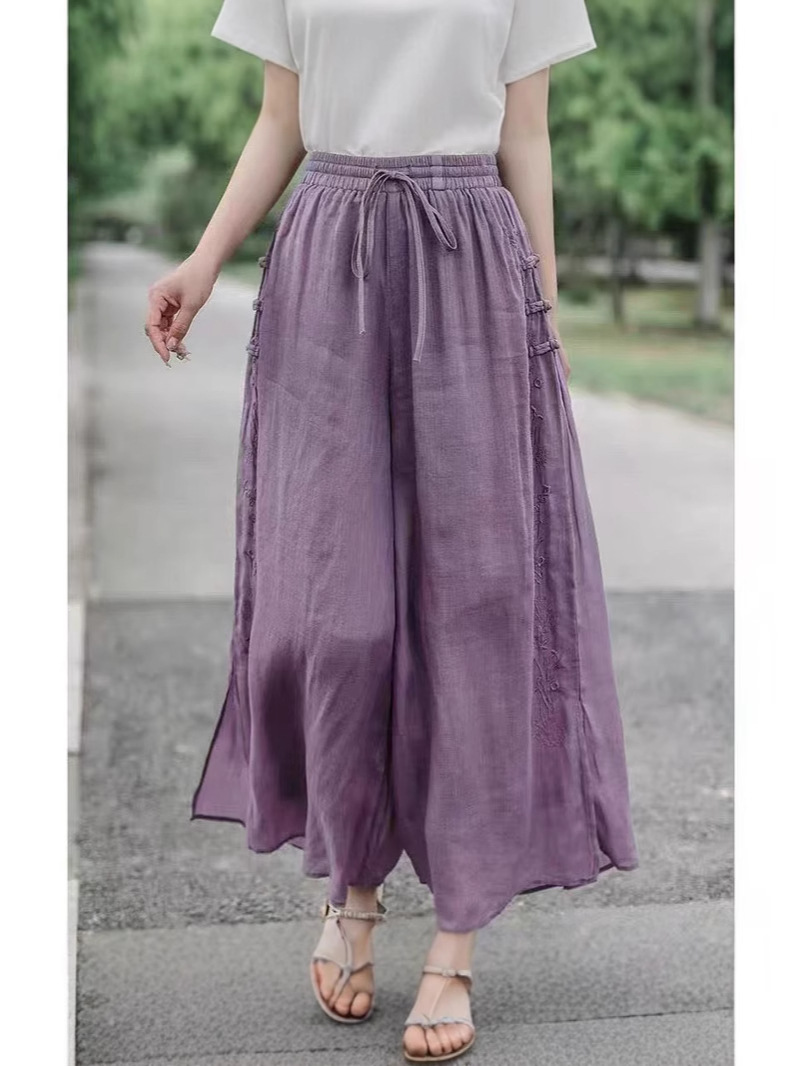 Women's Summer Thin Vintage Artistic High Waist Double Layer plus size Slim Embroidered Multicolor Trendy Cropped Wide Leg Culottes