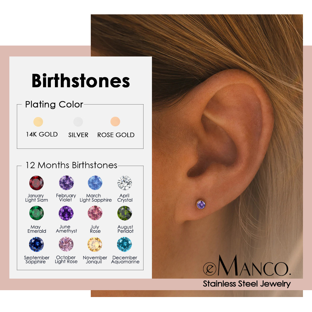 Emanco New Simple Diamond Earrings Colorfulful Rhinestone Earrings Niche Stainless Steel Gold-Plated Ear Bone Nails Wholesale