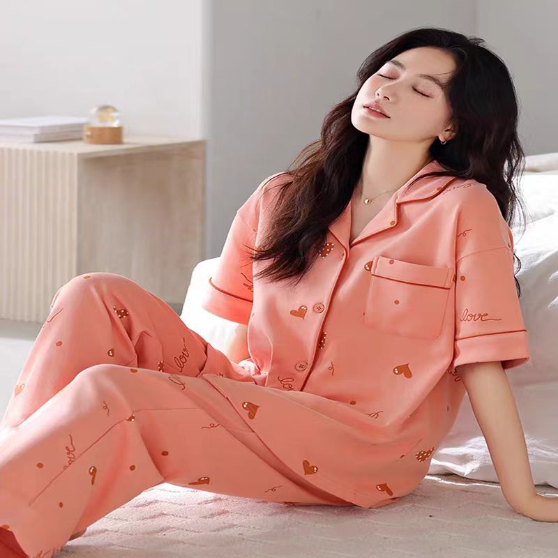 Can Be Worn Outside Pajamas Women's Cardigan Lapel New Short-Sleeved Trousers Pajamas Summer Cute Cartoon Loose Casual Suit