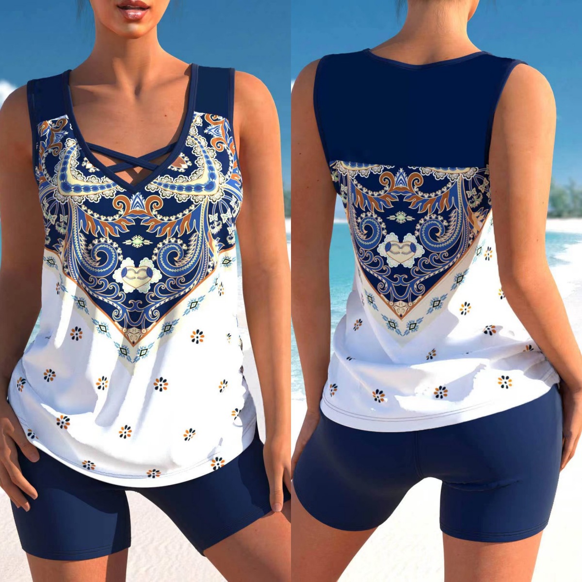 New European and American plus size cross-border quick-drying women's shorts suspenders boxer vest conservative split bikini swimsuit wholesale
