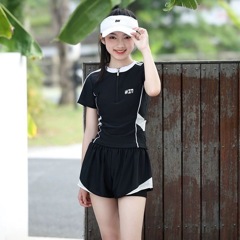 Picture of Big Children's Split Swimsuit Women's 2025 Summer Student Sports Style Conservative Boxer Anti-Exposure Swimming Pool Special Swimsuit