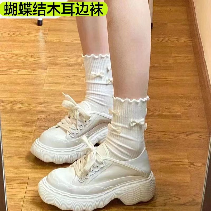 Japanese cute bow wooden ear socks women's spring and summer sweet girls tube socks jk uniform lace socks