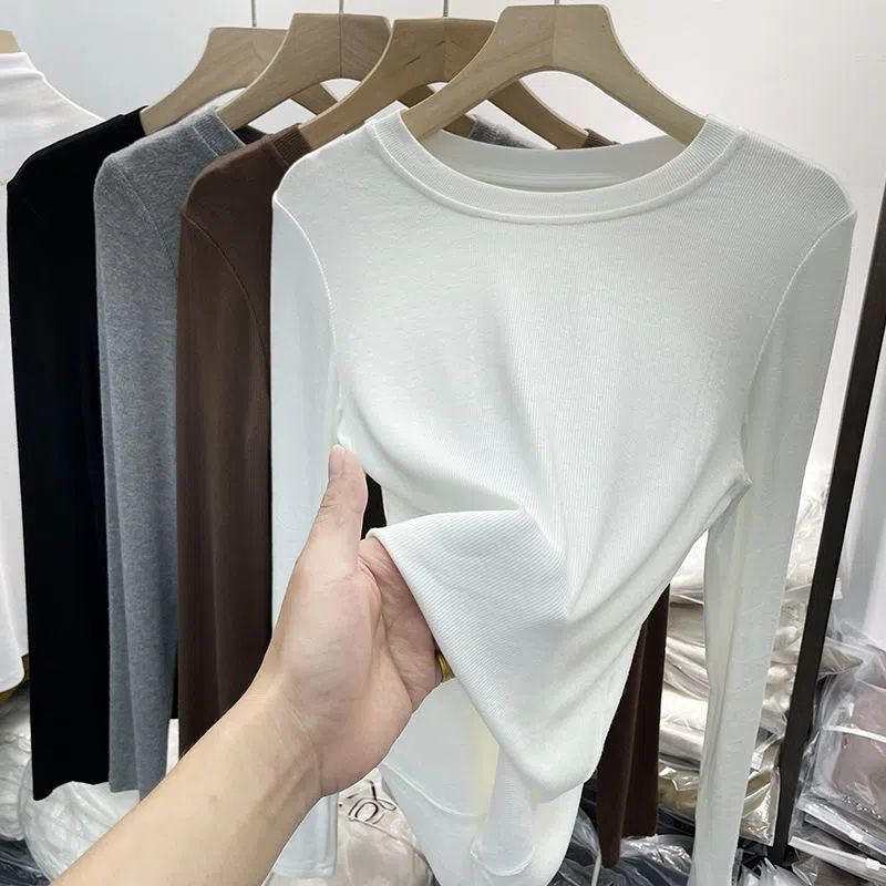 European Solid Color Thread Inner Base Shirt T-shirt Women's Long-sleeved 2023 New Elastic Soft Slimming Top Ins Trendy