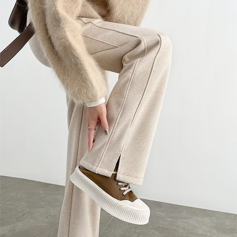 Herringbone Pattern Fleece-Lined Wide-Leg Pants for Women Autumn and Winter 2025 New Woolen Slit Pants Straight Casual Narrow Banana Pants