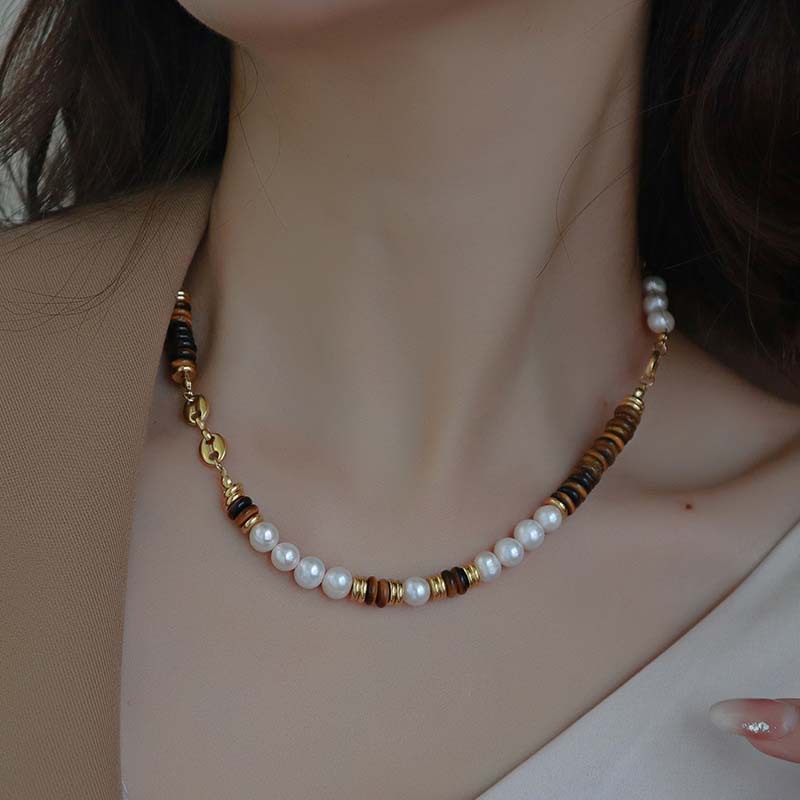 Natural tiger's eye stone freshwater pearl necklace does not fade autumn and winter women's sweater chain all-match high-end clavicle chain jewelry
