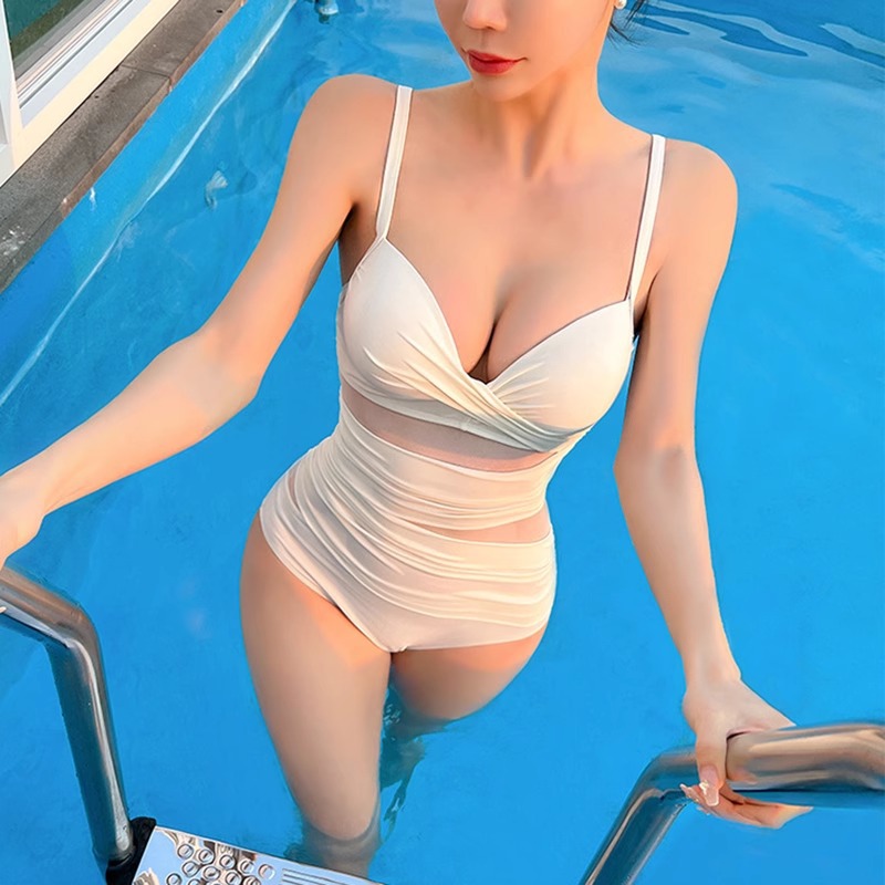 Picture of White Sling Hollow Large Chest Steel Bracket Push-up Sexy Swimsuit Women's Hot Spring South Korea Ins Small Chest High-end