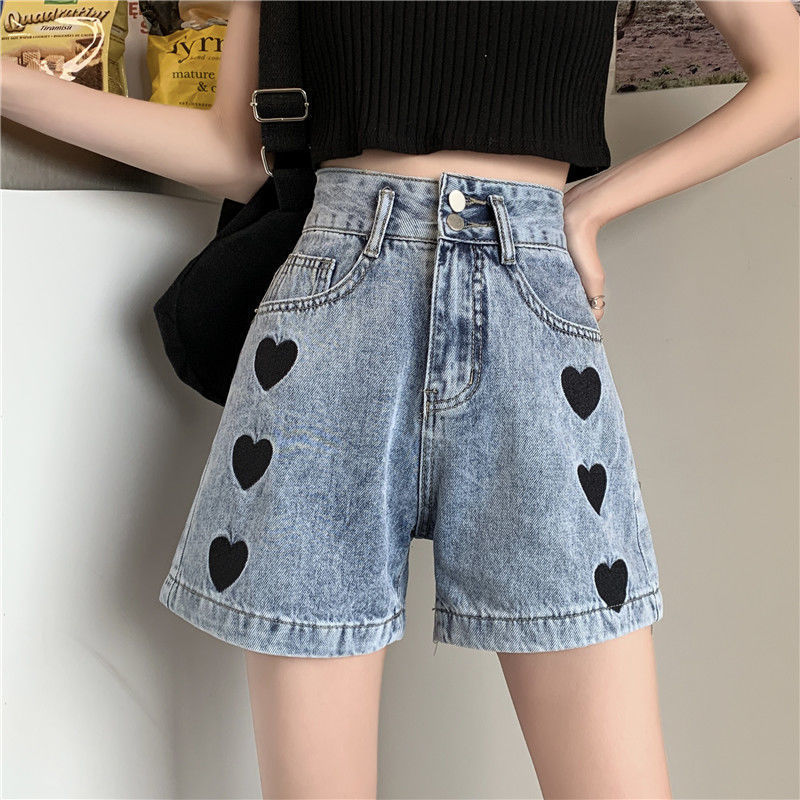 2023 Love Embroidered Denim Shorts Women's Summer Loose High Waist Wide Leg Slimming Cute A- line Hot Women's Pants