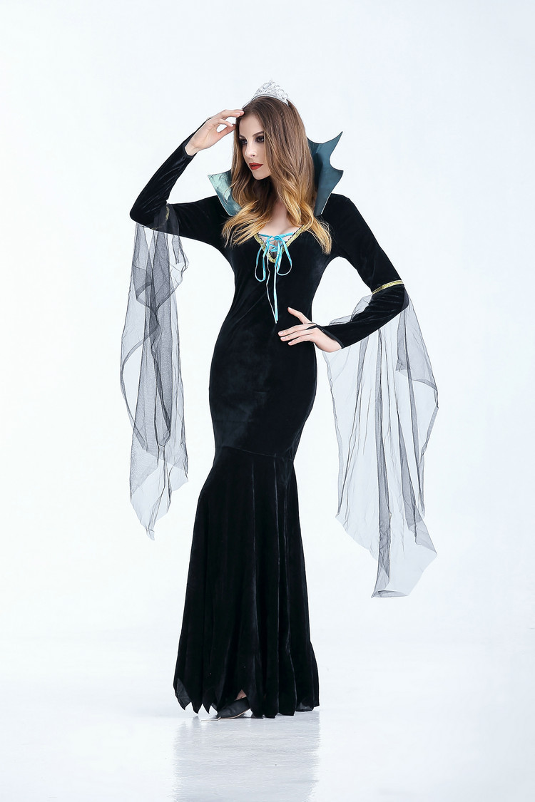 Picture of Black Vampire Witch Long Dress Fancy Dress Ball Evening Dress Ghost Festival Halloween Witch Queen Dress Performance Dress