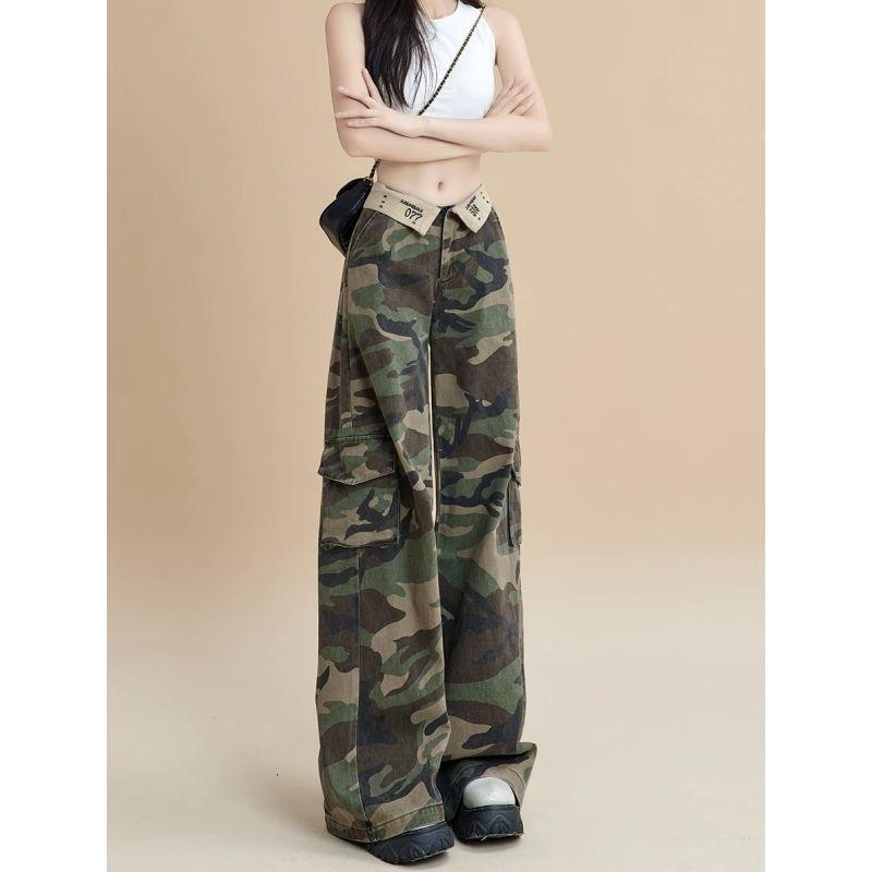 American Camouflage Work Jeans for Girls in Summer, Loose and Versatile, Slimming, High-Waisted, Cuffed, Straight-Leg Floor-Length Trousers