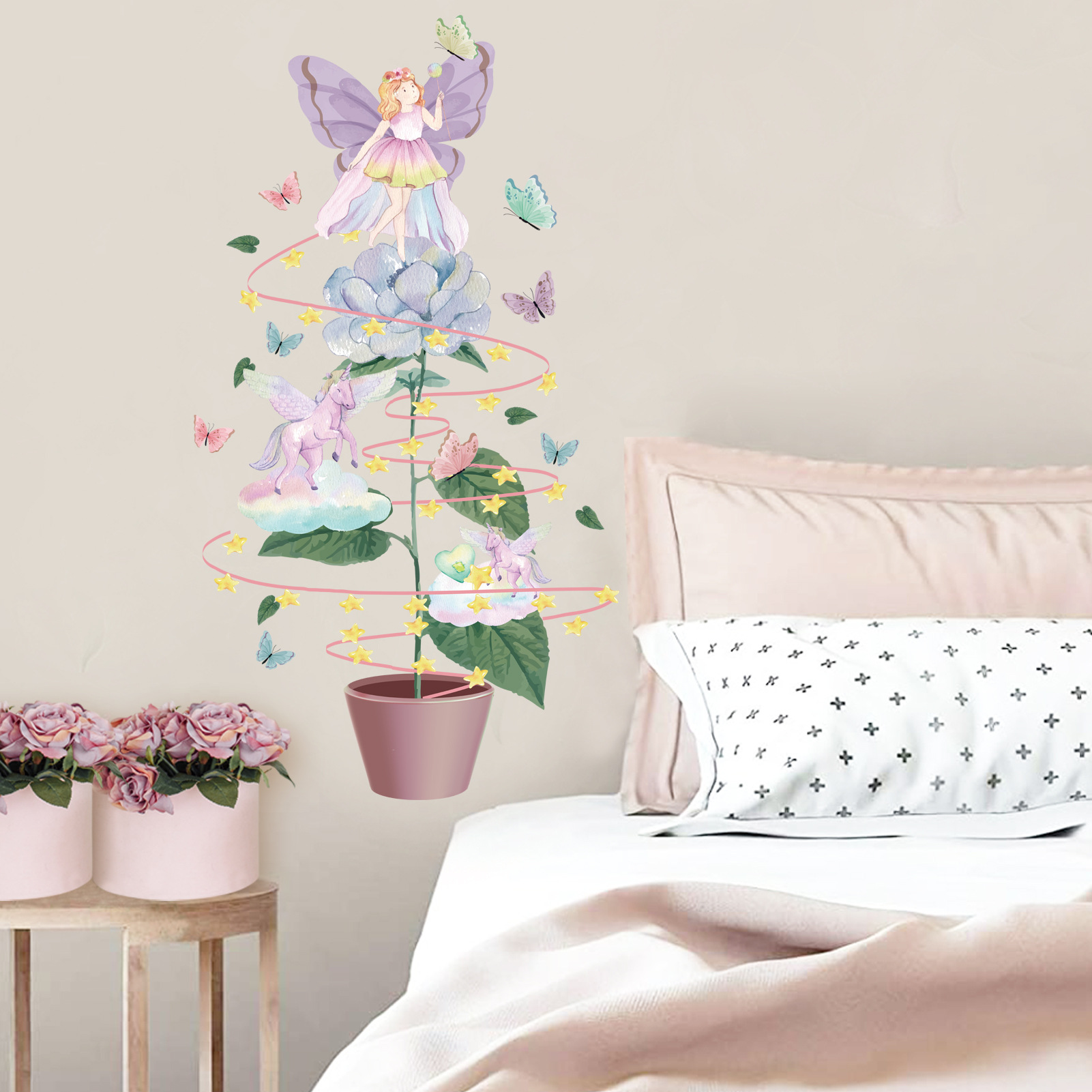 Ms-Ja002 Cartoon Painted Flowers Butterfly Princess Living Room Kidsren's Room Home Wall Decoration Sticker Wallpaper