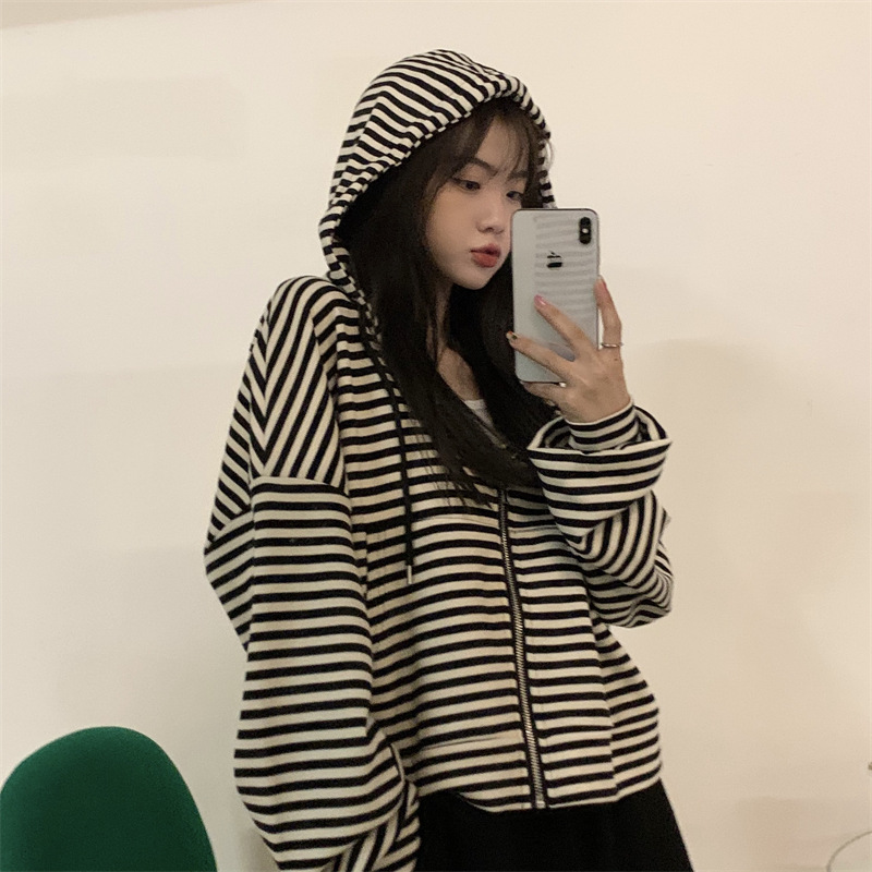 Picture of Striped Hooded short sweater coat for women 2023 new winter Korean style loose zipper long sleeve top spring and autumn fashion