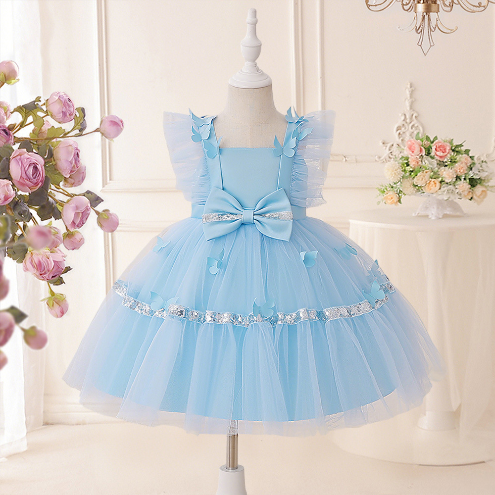 European and American new dresses puffy skirts small flying sleeves one-year-old baby dresses bow mesh dresses girls' dresses