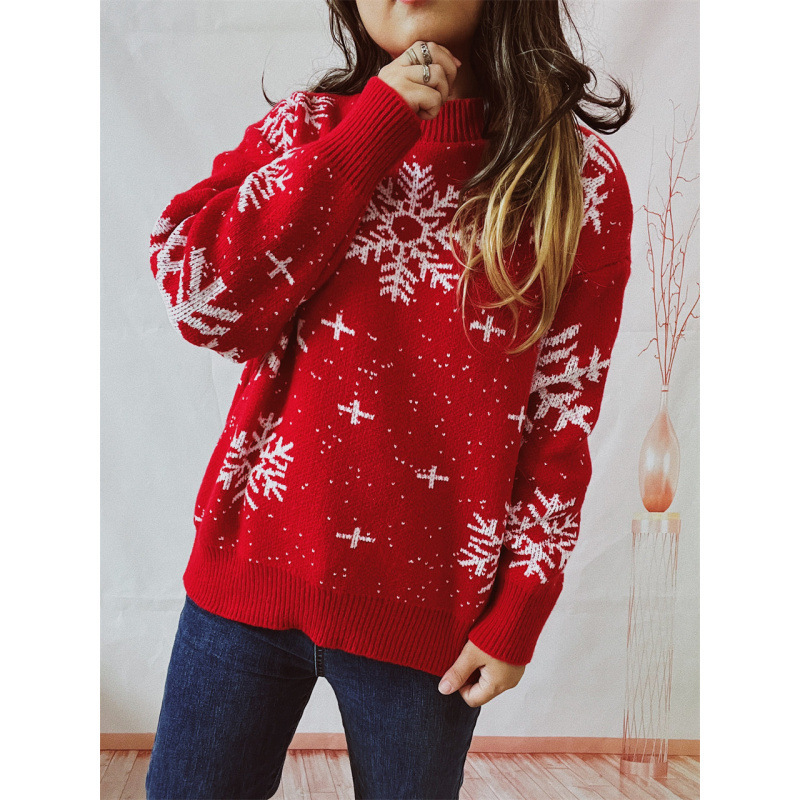 2024 Cross-border Amazon Fall/Winter New Thickened New Year Sweater Christmas Snowflake Crew Neck Long Sleeve Knitted Pullover