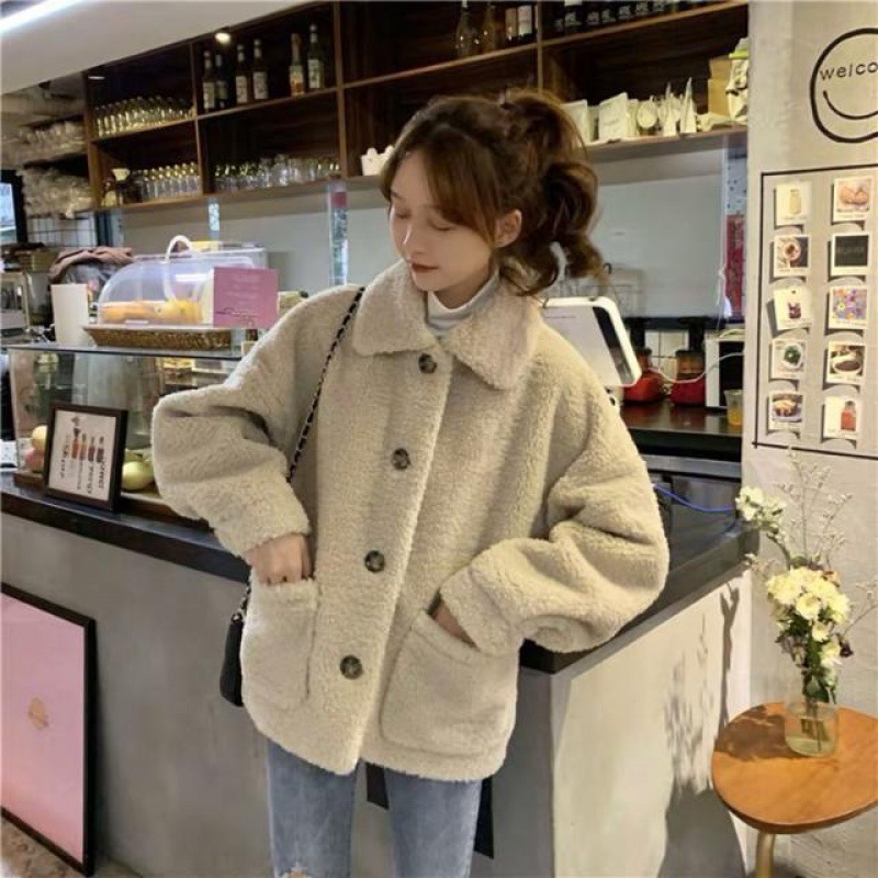 Autumn and Winter Lamb Wool Sweater Women's Thickened Warm Cardigan Jacket American Retro Korean Loose Furry Short Jacket