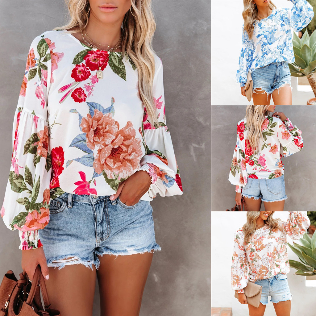 In Stock 21 European and American Foreign trade independent station LAZADA autumn new printed pleated puff sleeve round neck pullover shirt