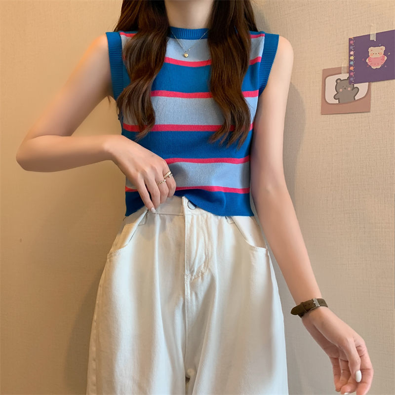 Design Niche Sleeveless Top for Women 2023 Summer New Korean Style Contrast Stripesd Knitted Vest Student Trend