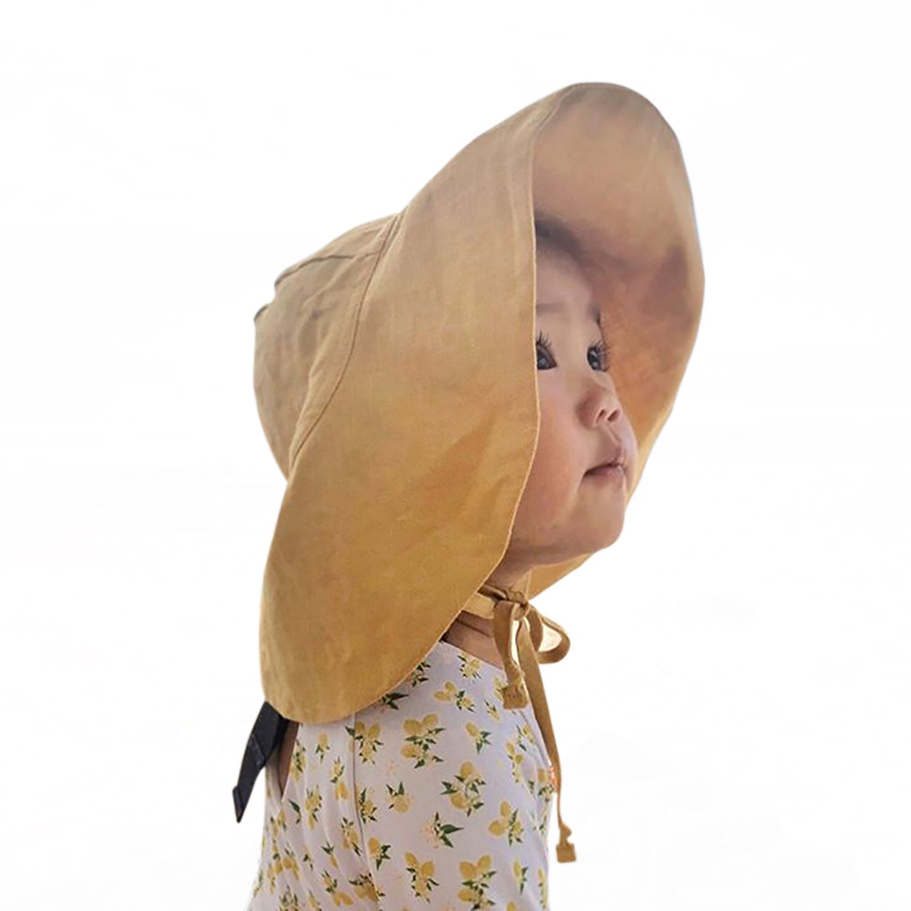 Picture of European and American Summer New Small Kidsren's Sun Hat Infant and Toddler Outdoor Large Brim Basin Hat Cotton and Linen Breathable Sun Protection Hat