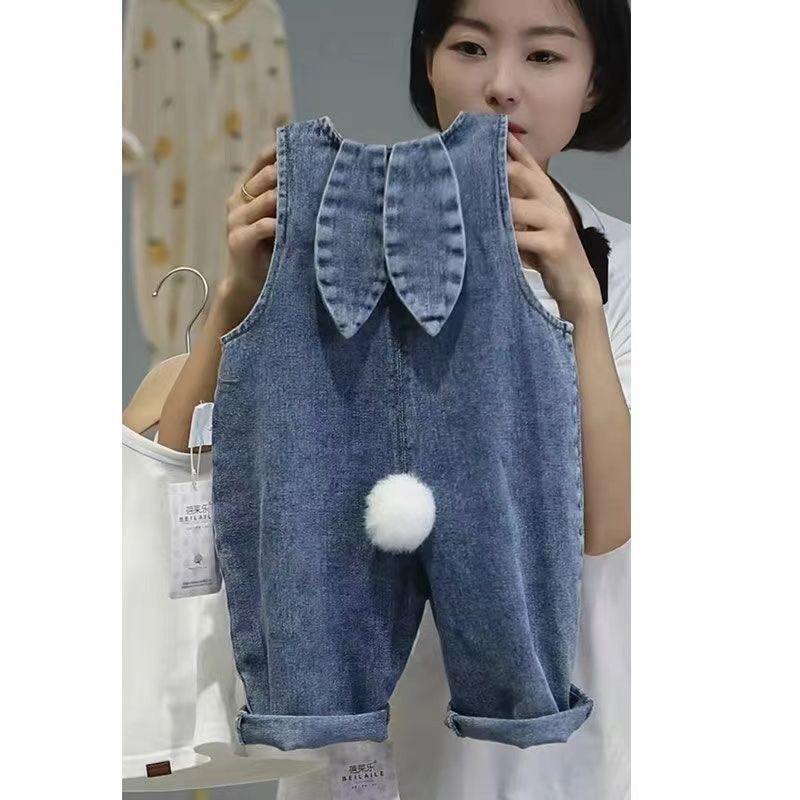 Children's Denim Strap Pants Spring and Autumn Rabbit Ears Boys and Girls Western-style Cute Casual Pants Trousers Baby Pants