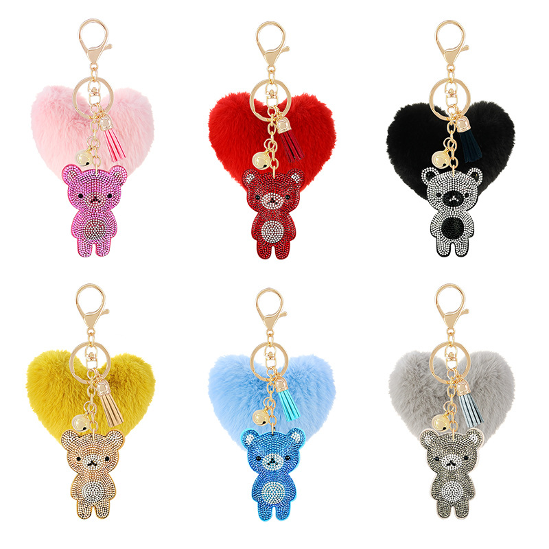 Cross-border hot diamond-encrusted Korean velvet cloth peach heart fur ball keychain creative cute bear small gift bag ornaments