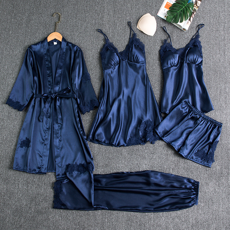 Picture of Pajamas Women's Summer Ice Silk Sexy Hot Home Clothes Spring and Autumn Long Sleeve Thin plus size Cross-border Five-piece suit Bathrobe